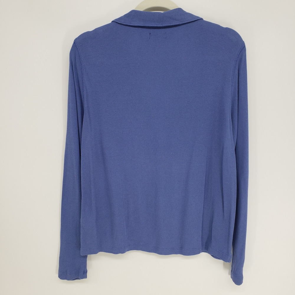 J Crew Ribbed V-Neck Pullover Top Women XL Blue Long Sleeve Cotton Polo Collar - Picture 2 of 8